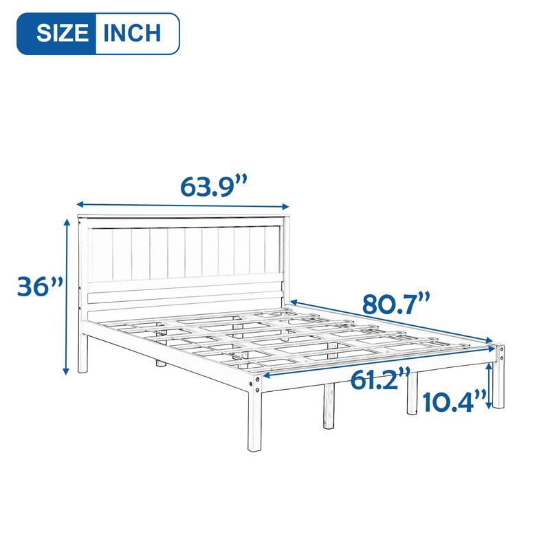 64" Width Pine Wood Platform Bed Frame Queen Size with Headboard, Solid